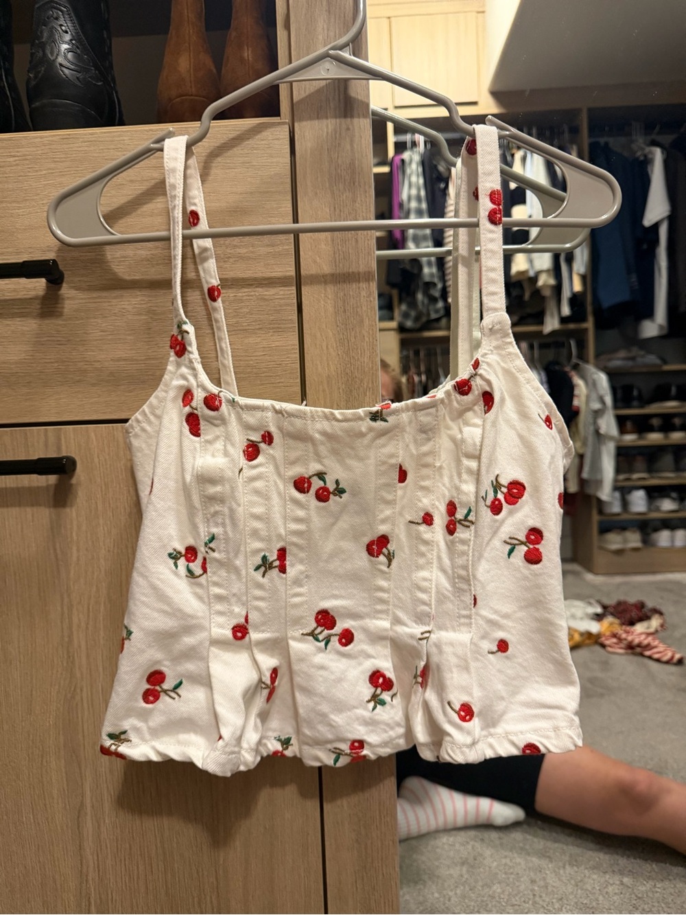 White Cherry Print Crop Tank Top - Women (denim material)